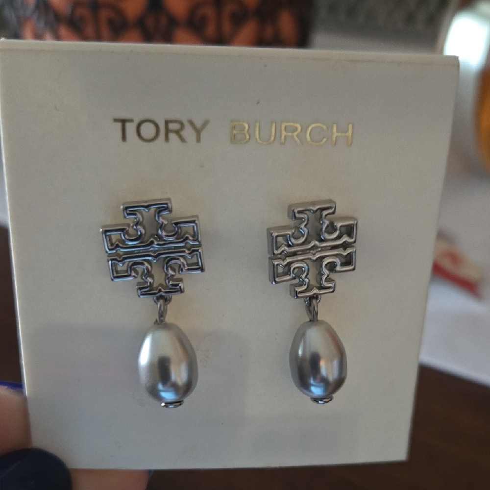 Tory Burch Silver Pearl Logo Earrings
